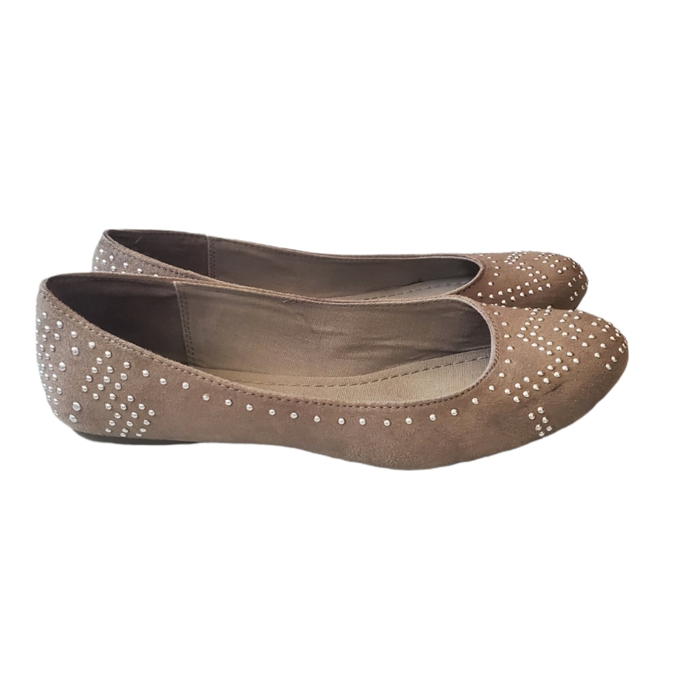 Taupe flats with silver button detail